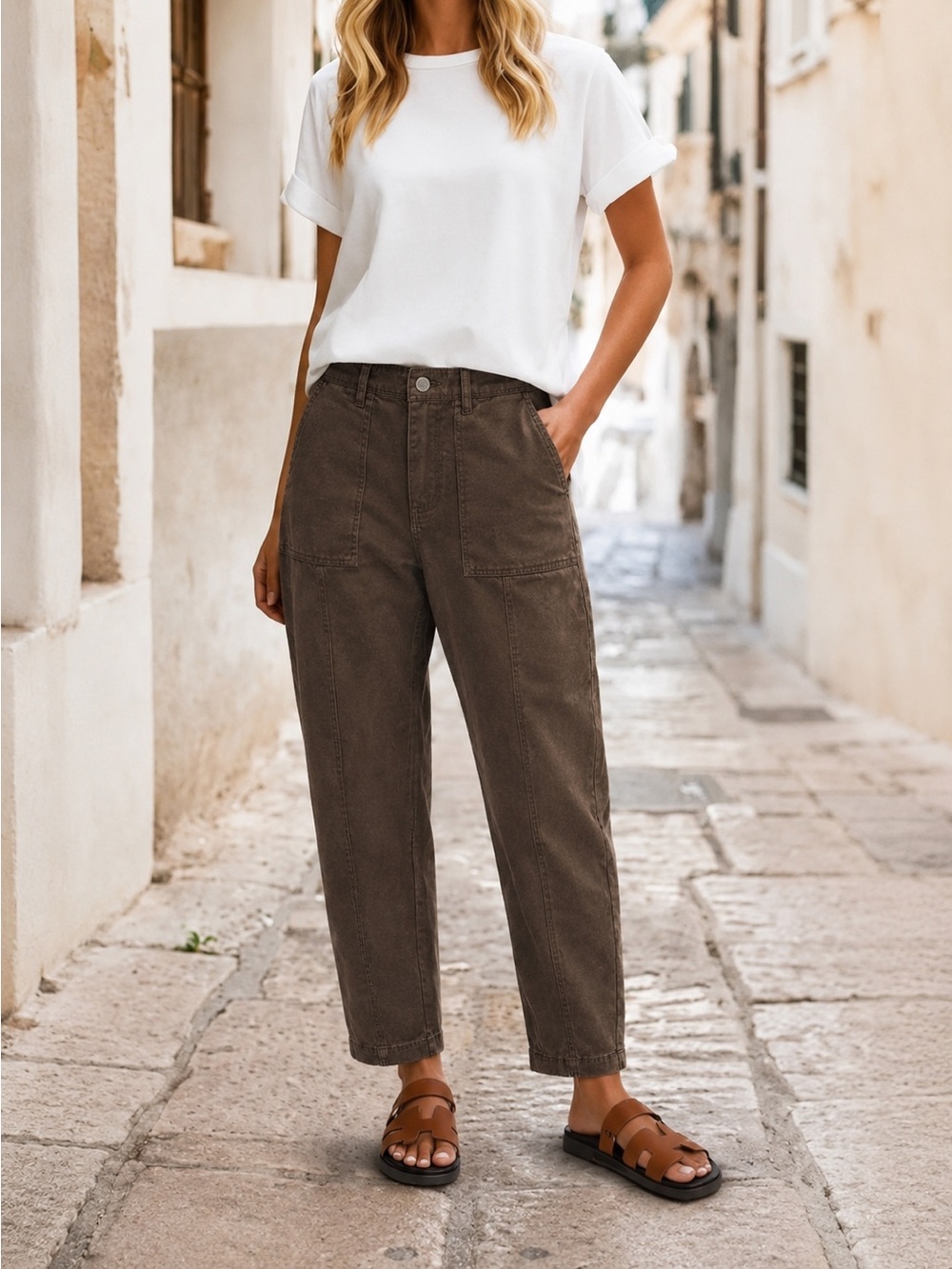 Flamingals Solid Stitch Detail Mid Waist Barrel Leg Crop Pants Size Small NWT